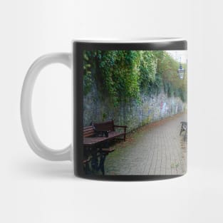 Paved Alleyway - Plants Over hanging Stone Wall & Benches - Tenby (Harbour), Pembrokeshire Mug